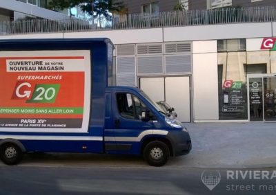 Camion publicitaire pour les supermarchés G20 - Riviera Pub - Street Marketing Nice, Cannes, Monaco